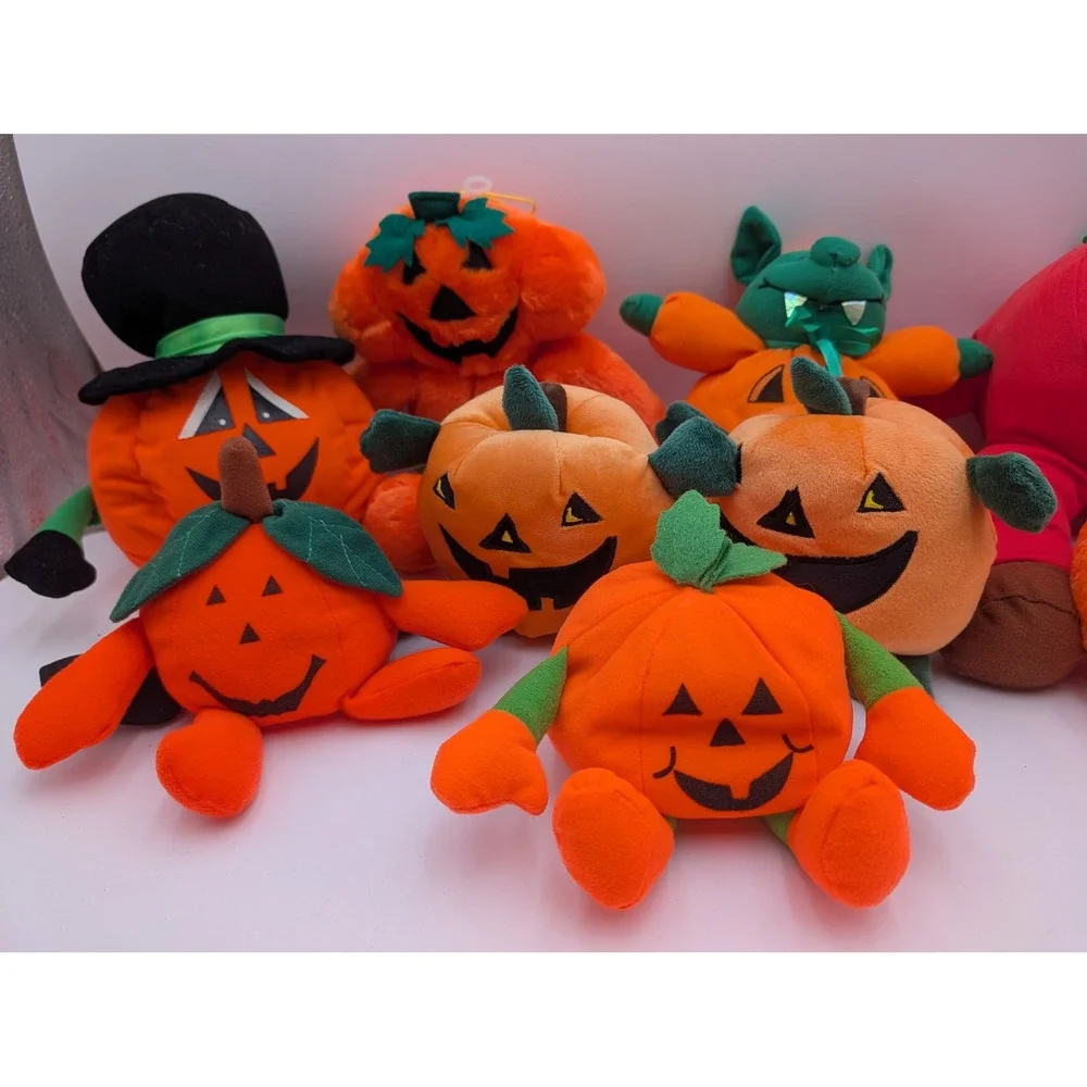 Pumpkin Plush Lot of 9 Orange Halloween Jack O Lantern Stuffed Animal Toy